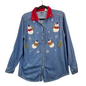 Bobbie Brooks Women Denim Shirt Snowman‎ Christmas Embroidery Red Collar Size S
